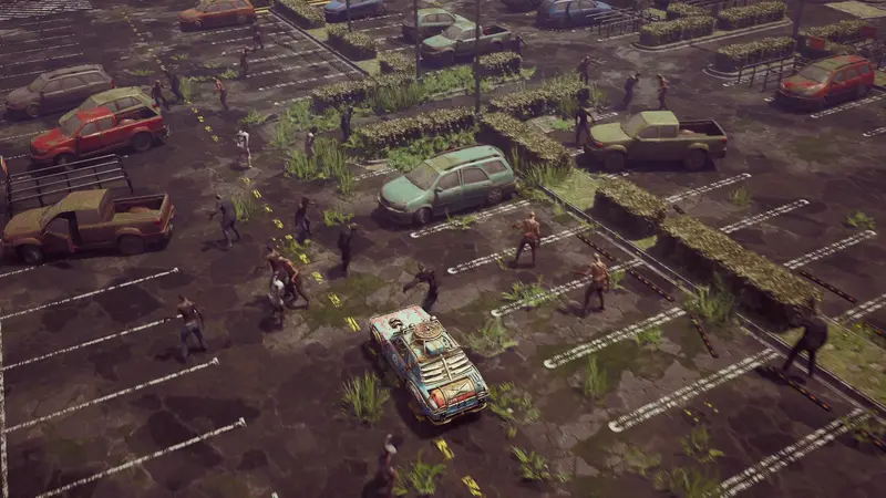 An overgrown parking lot full of infected