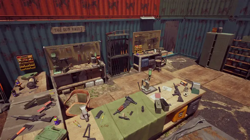 A workshop with weapons on the benches