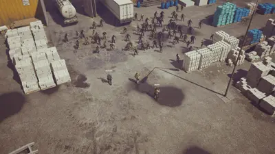 GIF: a horde crossing a warehouse yard